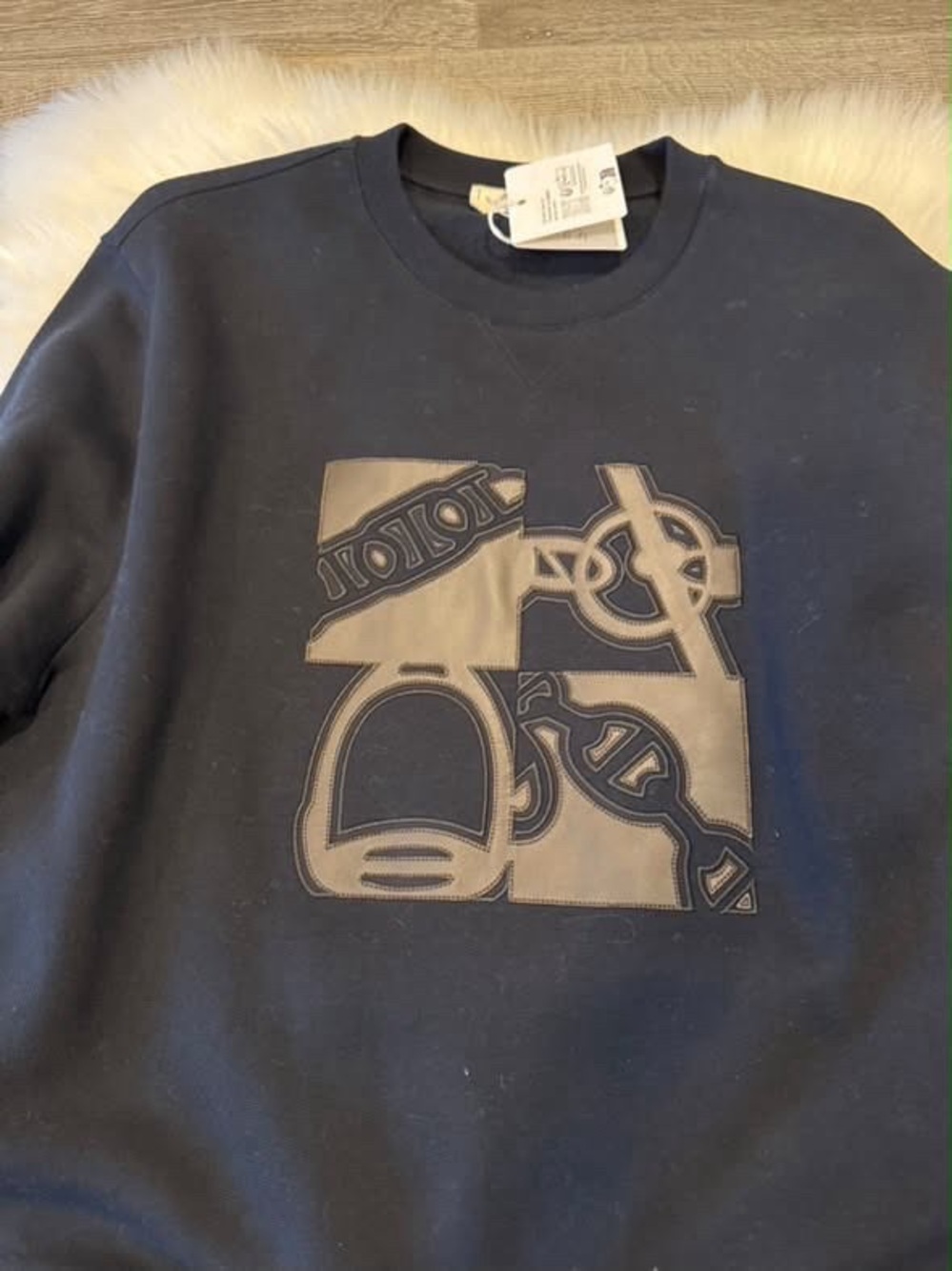 NWT Hermès Men’s Leather Equestrian Patch Sweatshirt Navy L